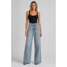 Püskül Detaylı Wide Leg Jean Pantolon