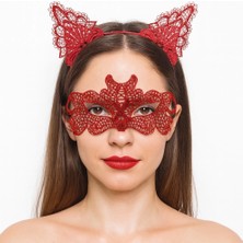 Aslanoğlu Store Ateş Kırmızısı Dantel Taç ve Maske Seti 10 No - Maskeli Balo & Özel Gün Seti