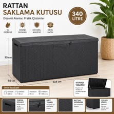 Evinizin Atölyesi 340 Litre Rattan Desenli Saklama Sandığı Kapaklı Kilitlenebilir Bahçe Balkon Teras Depolama Kutusu Antrasit 124x55x56 cm
