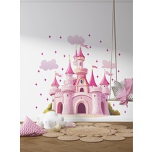 S Digital Disney Tarzı Pembe Şato Duvar Sticker Seti | Kız Çocuk Odası Için 100X95 cm Folyo Duvar Dekoru