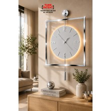 Sevinç Konsept LED Işıklı Krom Rengi Quadro Yuvarlak Kristal 45 x 65 Cm, Modern Dekoratif Sarkaçlı Metal Duvar Saati