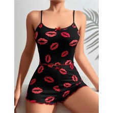 TeknoKapsül Kadın Siyah Dudak Desenli Şortlu Pijama Takımı 5057