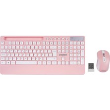 Uravas Store Beyaz - Pembe Kablosuz Klavye - Mouse Seti Tablet - Telefon Standlı Q Kalvye (5047)