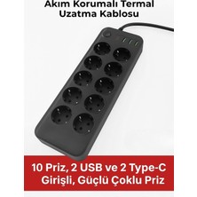1001 1.bufferakım Korumalı Termal Uzatma Kablosu – 10 Priz, 2 USB ve 2 Type-C Girişli, Güçlü Çok