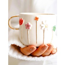 1001 El Yapımı Bahar Çiçekleri Kabartmalı Kupa 24 Ayar Altın Dekorlu 300 ml Mug Spring Flower
