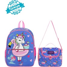 1001 Genç Dijital Baskı Unicorn Deseneli Anaokul Çantası ve Beslenme Çantası, Çok Renkli