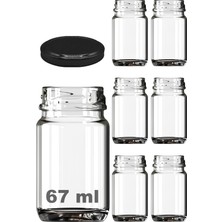 1001 67 ml Şeffaf Shot Kavanoz 67 cc Konserve Metal Siyah Kapaklı Cam Kavanoz 6 Adet