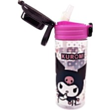 1001 500ML Kuromi Temalı Lisanslı Yumuşak Silikon Pipetli Kulplu Kilitlenebilir Su Matarası (Pembe-Si