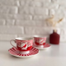 Yeni Nesil Evim 2'li Kırmızı/pembe Kuş Detaylı Türk Kahvesi Fincanı