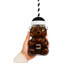 1001 Ayıcık Cam Bardak 500 ml Şeffaf Kalın Cam Kağıt Pipetli Soğuk Içecek, Kahve, Detoks ve Froz