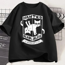 Tarzsokak Siyah Komik Siyah Kedi Gevşek Tshirt Baskılı Yuvarlak Boyun Kedi Sevgilisi
