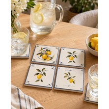 Ceren Wooden Limon Desenli 4'lü Mermer Bardak Altlığı
