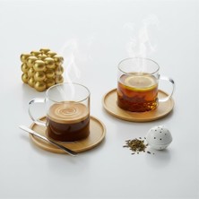 1001 Bambu Tabaklı 2'li Cam Fincan Seti 150 ml - Yuvarlak/kare Seçenekli Borosilikat Bitki Çayı ve Do