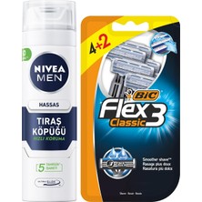 1001 Men Erkek Hassas Ciltlere Özel Tıraş Köpüğü 200ML ve Bıc Flex 3 Erkek Tıraş Bıçağı 6'l�
