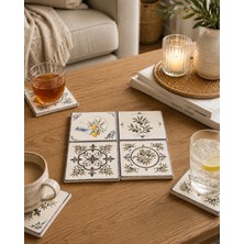 Ceren Wooden Akdeniz Esintisi Limon & Zeytin Desenli Mermer Bardak Altlığı Seti