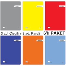 1001 A4 60 Yaprak Pp Kapaklı Tel Dikişli Defter – 6'lı Karma Paket (3 Çizgili, 3 Kareli) – Okul V