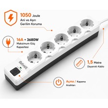 1001 1050 Joule Akım Korumalı Anahtarlı 5'li Grup Priz, Ani ve Aşırı Gerilim Koruması, 16A, 3680W,