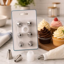 1001 8 Parça Krema Torbası Duy Seti, 6 Metal Pasta Süsleme Ucu ve 2 Parça Bağlantı Aparatı, Pasta