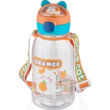 1001 Vagonlife 760ML Sevimli Kedi Figürlü Silikon Pipetli Özel Askılı Polikarbon Çocuk Su Matarası