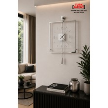 Sevinç Konsept Krom Rengi Quadro Kare Şeffaf Luxe 45 x 65 Cm, Modern Dekoratif Sarkaçlı Metal Duvar Saati