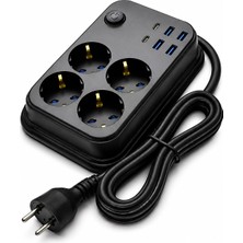 1001 Termal Akım Korumalı Uzatma Kablosu 4 Priz 4 USB 2 Type-C 2500W 10A Çocuk Korumalı Kısa Devre K