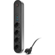 1001 4’lü Akım Korumalı Priz 2500W 10A – 2 USB + Type-C – 2m Uzatma Kablosu | Çoklu Şarj (Siya