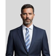 KUMOVO Gri Beyaz Çizgili Mavi Kravat – 8 cm Genişliğinde