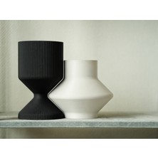 Alvera 3D Baskı Modern Dekoratif Ikili Vazo Seti - Minimalist Çizgili Çiçek Vazosu-Siyah-Beyaz