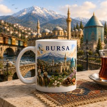 Mergen Craft & Studio Bursa Temalı Baskılı Porselen Kupa | Ulu Cami, Yeşil Türbe, Cumalıkızık, Irgandı Köprüsü ve Uludağ Manzaralı Koleksiyonluk Kahve ve Çay Kupası | Özel Tasarım Bardak