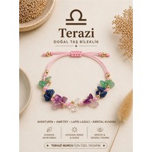 Femenino Terazi Burcu Gerçek Doğal Taş Örme Bileklik - Aventurin, Lapis Lazuli, Ametist, Kristal Kuvars