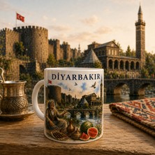 Mergen Craft & Studio Diyarbakır Temalı Baskılı Porselen Kupa | Diyarbakır Surları, Ulu Cami, On Gözlü Köprü ve Hevsel Bahçeleri Manzaralı Koleksiyonluk Kahve ve Çay Kupası | Özel Tasarım Bardak