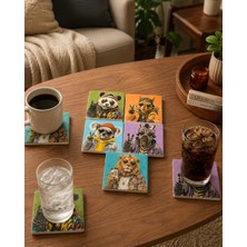 Ceren Wooden Tarz Hayvanlar Desenli 5'li Mermer Bardak Altlığı