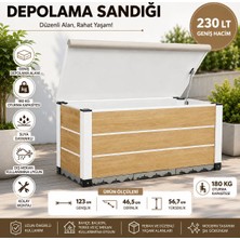 Evinizin Atölyesi 230 LT Bahçe Depolama Sandığı, Balkon Teras Saklama Kutusu, 180 KG Oturma Kapasiteli, Ahşap Desenli