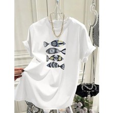 Tarzsokak Beyaz Karikatür Hayvan Baskı Yaz Gevşek O-Boyun Tees Tüm
