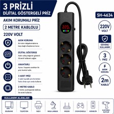 AŞIK STORE SH-4634 3’lü Akım Korumalı Priz Dijital Voltaj Göstergeli 2500W 2 Metre Kablolu Anahtarlı Topraklı Çoklu Grup Priz