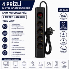 AŞIK STORE SH-4635 4’lü Akım Korumalı Priz Dijital Voltaj Göstergeli 2500W 2 Metre Kablolu Anahtarlı Topraklı Çoklu Grup Priz