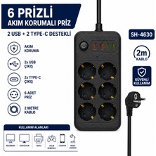 AŞIK STORE SH-4630 6’lı Akım Korumalı Priz 2 USB + 2 Type-C Çıkışlı 2 Metre Kablolu Anahtarlı Topraklı Çoklu Grup Priz