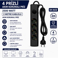AŞIK STORE SH-4632 4’lü Akım Korumalı Priz 2500W 2 Metre Kablolu Anahtarlı Topraklı Çoklu Grup Priz Uzatma Kablosu