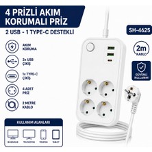 AŞIK STORE SH-4629 4’lü Topraklı Akım Korumalı Priz 2 USB 1 Type-C Şarj Çıkışlı 2 Metre Kablolu Anahtarlı Çoklu Grup Priz Uzatma Kablosu