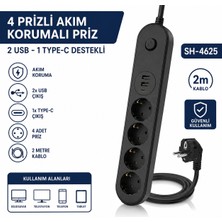 AŞIK STORE SH-4625 4’lü Topraklı Akım Korumalı Çoklu Priz 2 USB 1 Type-C Çıkışlı 2 Metre Kablolu Anahtarlı Grup Priz Uzatma Kablosu