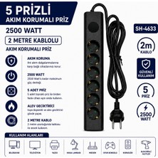 AŞIK STORE SH-4633 5’li Akım Korumalı Priz 2500W 2 Metre Kablolu Anahtarlı Topraklı Çoklu Grup Priz Uzatma Kablosu