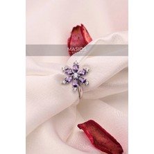 925 Ayar Ametist Taşlı Rodyum Lotus Çiçeği Ayarlanabilir Gümüş Yüzük