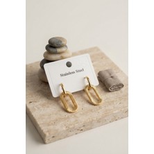 DMR Elegance 316L Gold Renk Tırtıklı Ataç Form Tasarım Küpe