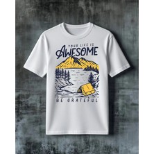 Comvicho Your Life Awesome Dag Kamp Baskılı Oversize Tişört