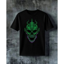 Comvicho Seytan Kafasi Yesil Neon Baskılı Oversize Tişört