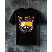 Comvicho Time Traveller Kedi Gozluk Baskılı Oversize Tişört