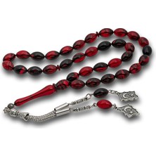 DMR Elegance Metal Püsküllü Kırmızı Siyah Sıkma Kehribar Tesbih