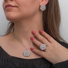 DMR Elegance Gümüş Zirkon Taşlı Çiçek Kadın Set