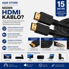 AŞIK STORE HDMI Kablo 15 Metre Full Hd 1080P 4KX2K Yüksek Hızlı Görüntü ve Ses Aktarım Kablosu Altın Kaplama Konnektör Pvc Dış Kılıf