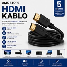 AŞIK STORE HDMI Kablo 5 Metre Full Hd 1080P 4KX2K Yüksek Hızlı Görüntü ve Ses Aktarım Kablosu Altın Kaplama Konnektör Pvc Dış Kılıf